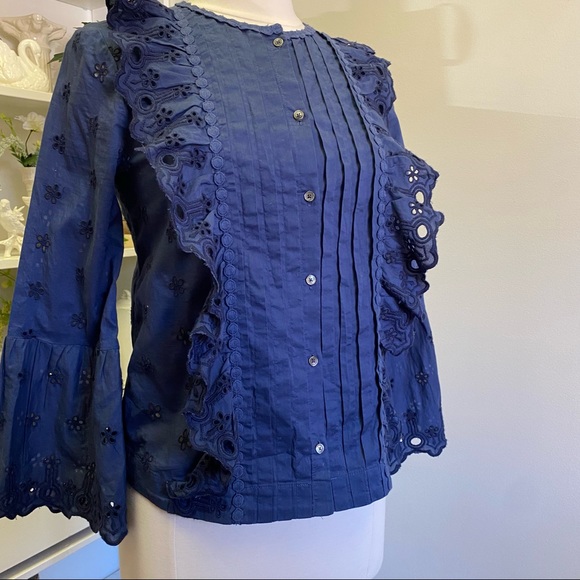 J Crew Navy Ruffle Eyelet Button Down Blouse - Picture 8 of 13